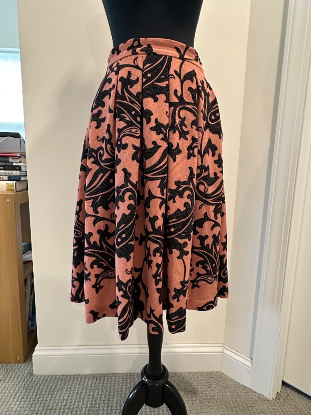 NWT H&M Mauve Pink Black Paisley Pattern Full Midi Skirt Band Waste Side Pockets